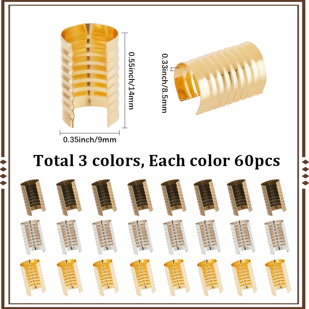 SUNNYCLUE 180Pcs 3 Colors Fold Over Crimp Clamps Metal Cord End Tips Iron Gold Silver Antique Bronze Foldable Column Fastener Connector Leather Rope Clips for Lanyard Tassel DIY Crafts Jewelry Making