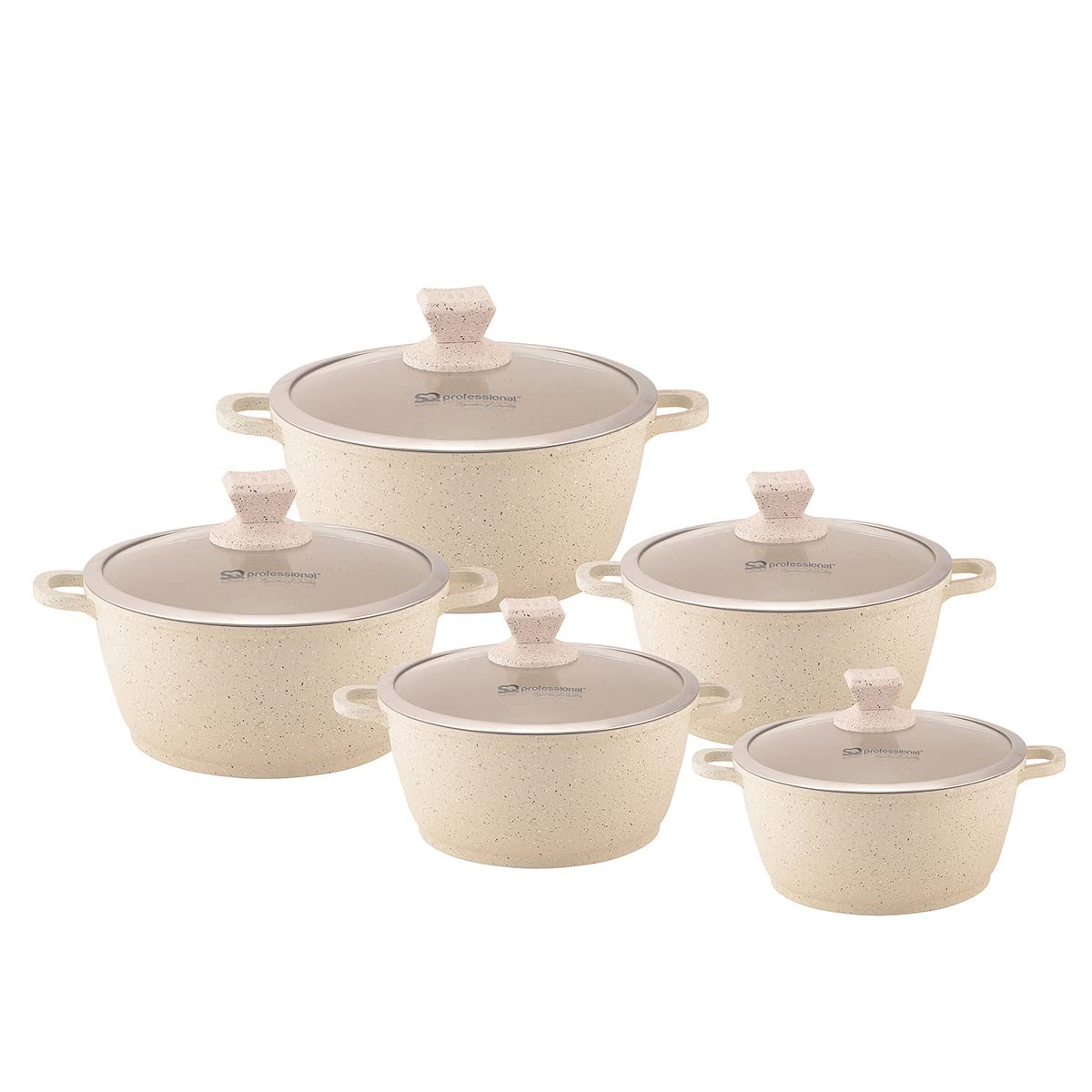 Sq Professional Cream Nea Marble Non-Stick Stockpot Set With Lids Casserole Set 5 Pc (Cream)