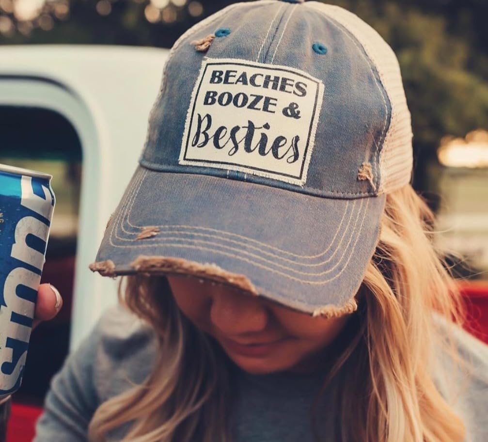 VINTAGE LIFE Beaches Booze and Besties Vintage Distressed Trucker Cap, Royal Blue, Adult Headwear Accessories