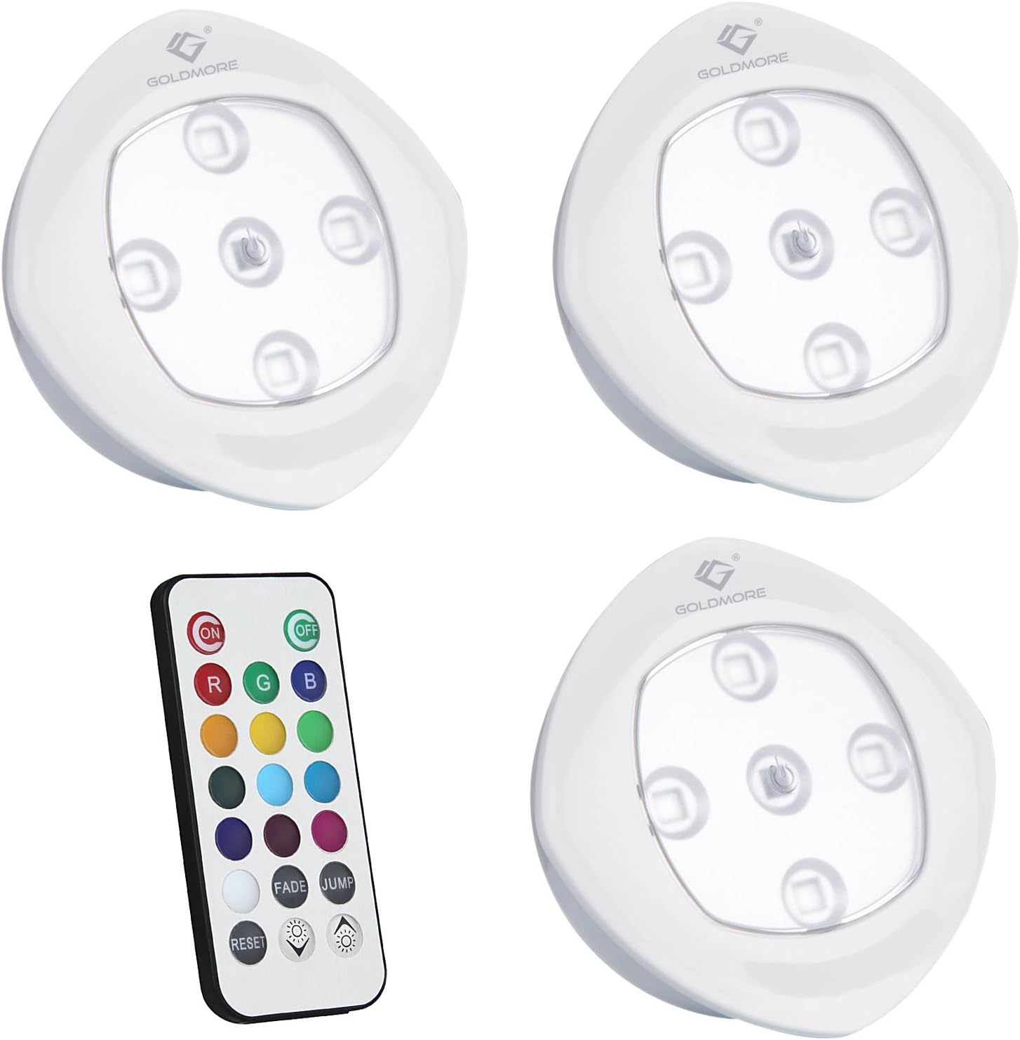 Puck Lights with Remote Control,Goldmore 3 Pack RGB Color Changing Push Light-Battery Operated Tap Light Under-Cabinet Lighting,Stick on Ambiance Lighting for Wedding Party Holiday