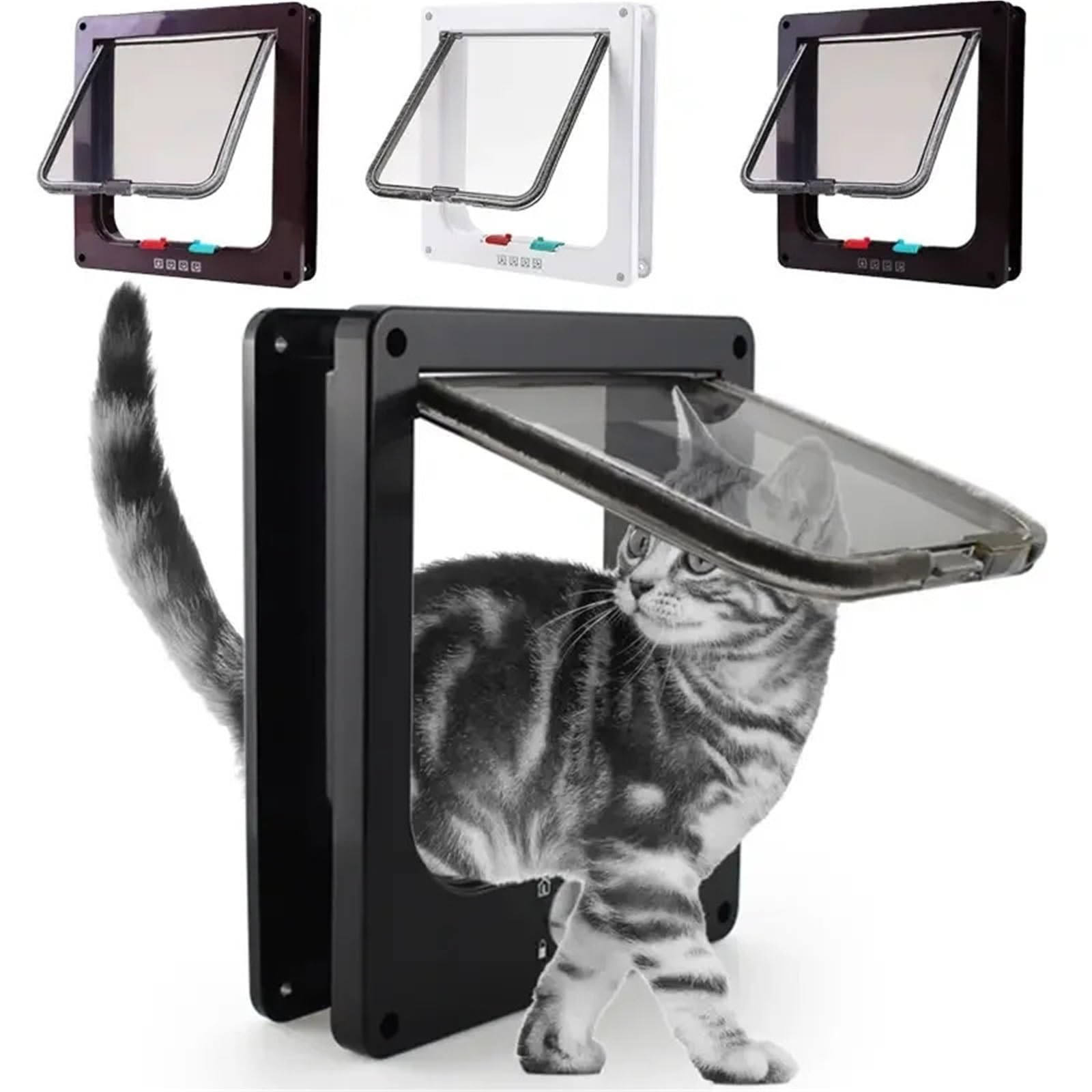 Katzenklappe Hundetür mit 4-Wege-Sicherheitsschloss for Katzen, Kätzchen, ABS-Kunststoff, kleines Haustiertor-Set, Hundetüren für Tür(Black,M-20x19x5.5cm)