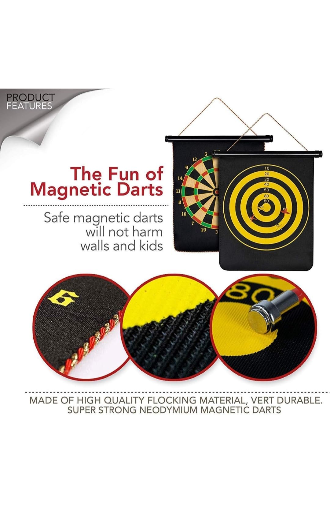 Magnetic Dartboard Double-Sided Board, Rollup Design, 12 inch Red and Yellow 3