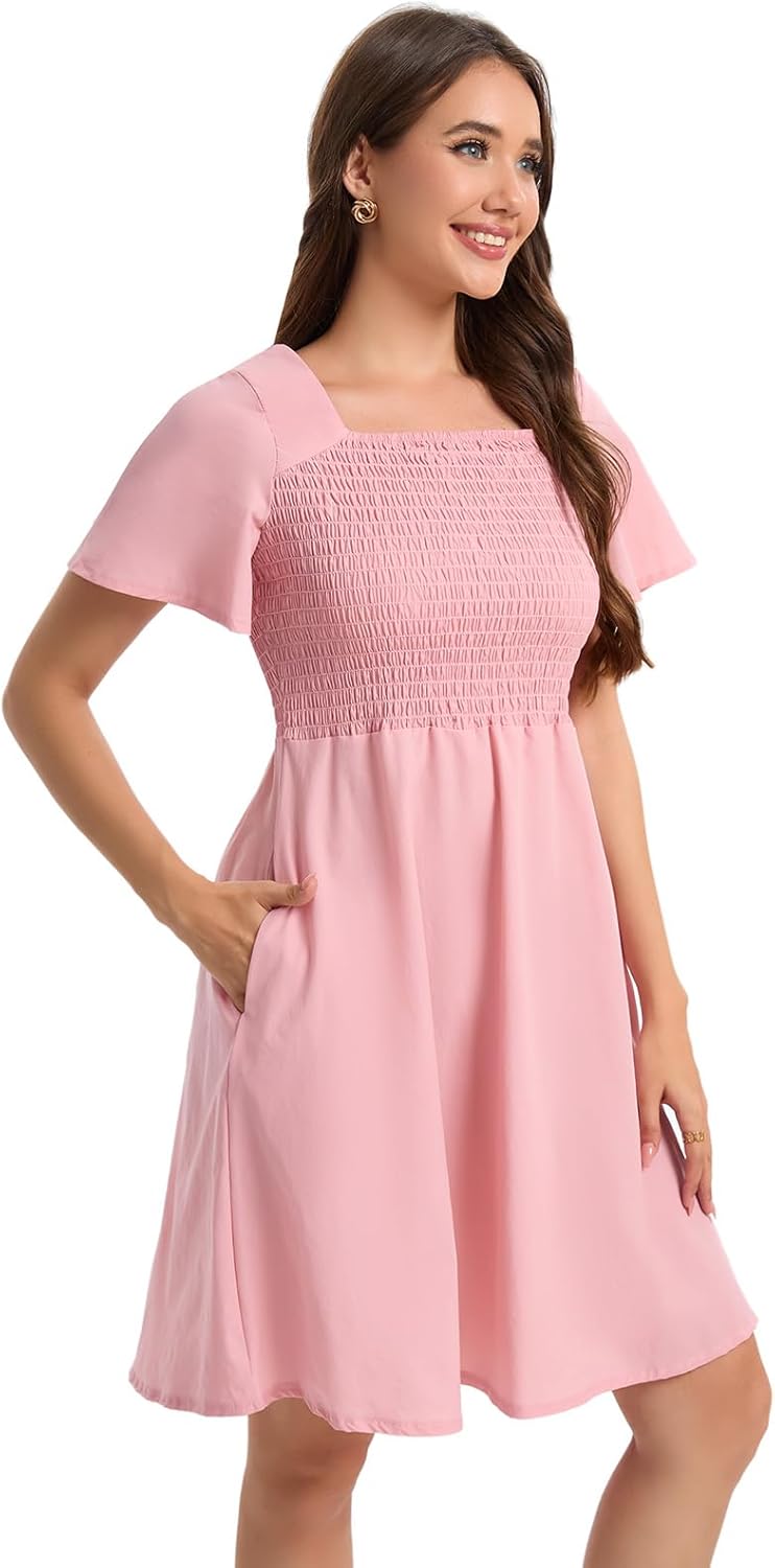 Summer Dress for Women 2025:Casual Short Sleeve Square Neck Boho Dresses with Pockets Smocked Ruffle Beach Sundress - Image 2