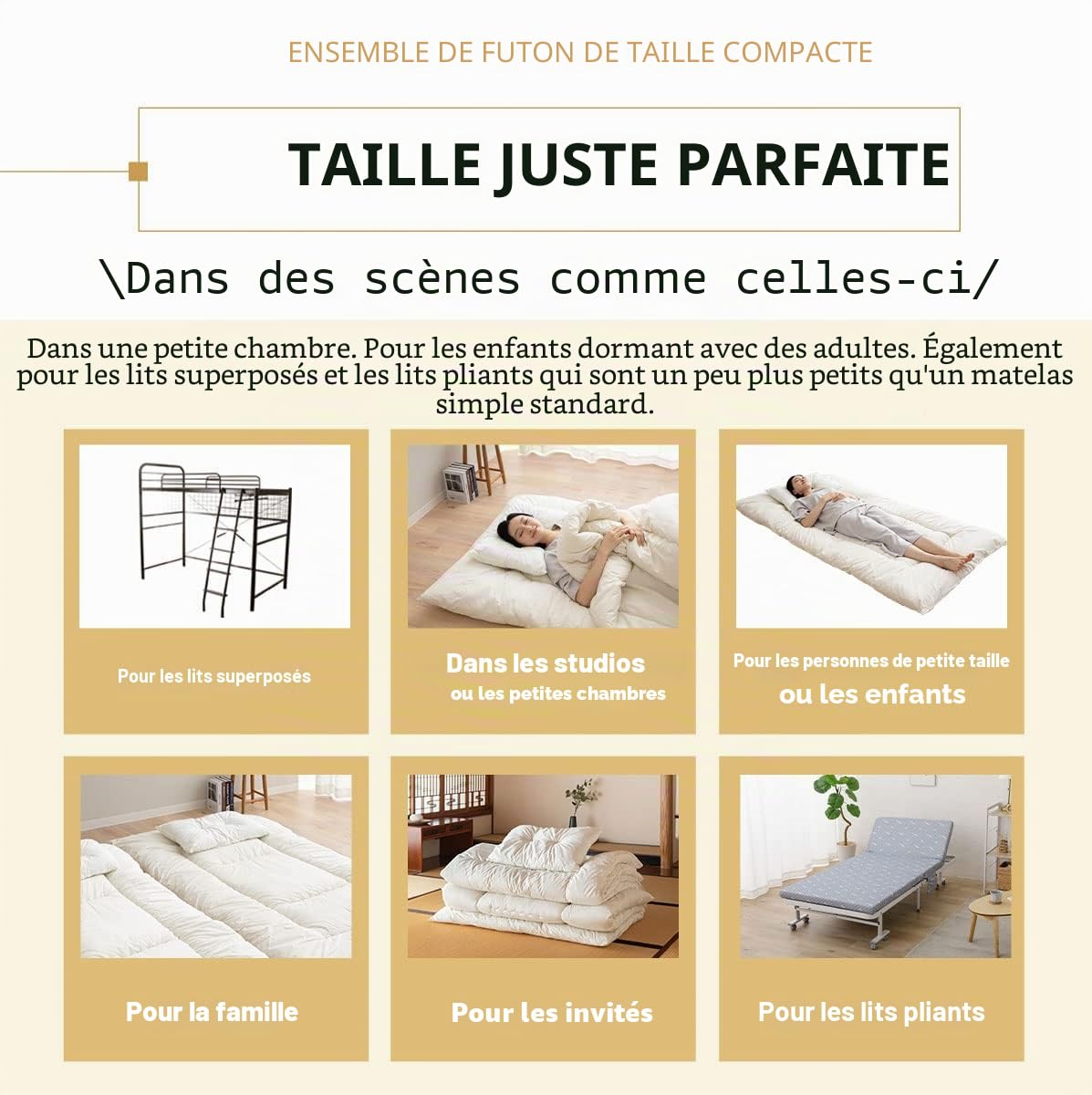 EMOOR Ensemble Futon Japonais Peu Encombrant (Matelas Futon, Couette & Oreiller) 95 x 195 cm Blanc, Fabriqué au Japon Matelas Pliable pour Dormir au Sol Shikibuton Tatami Camp Usage Invité