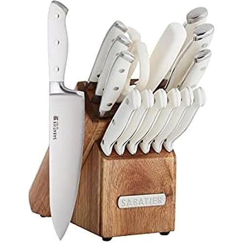 Sabatier 15-Piece Forged Triple Rivet Knife Block Set, High-Carbon Stainless Steel Kitchen Knives, Razor-Sharp Knife set with Acacia Wood Block, White Handles