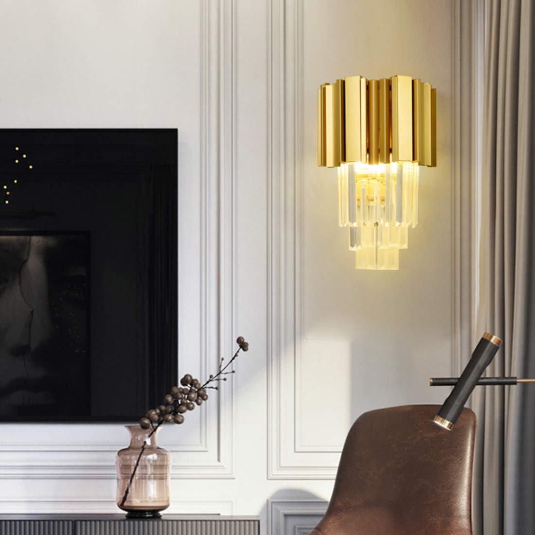 LED E14 Wandleuchte Kristall Modern Schlafzimmer Wohnzimmer Korridor Flur Lampe, Golden Wandlampe 2-Flammig Rechteck Wandlichter Kreativ für Küchen-insel Esszimmer Arbeitszimmer Villa Treppen, 22*40cm