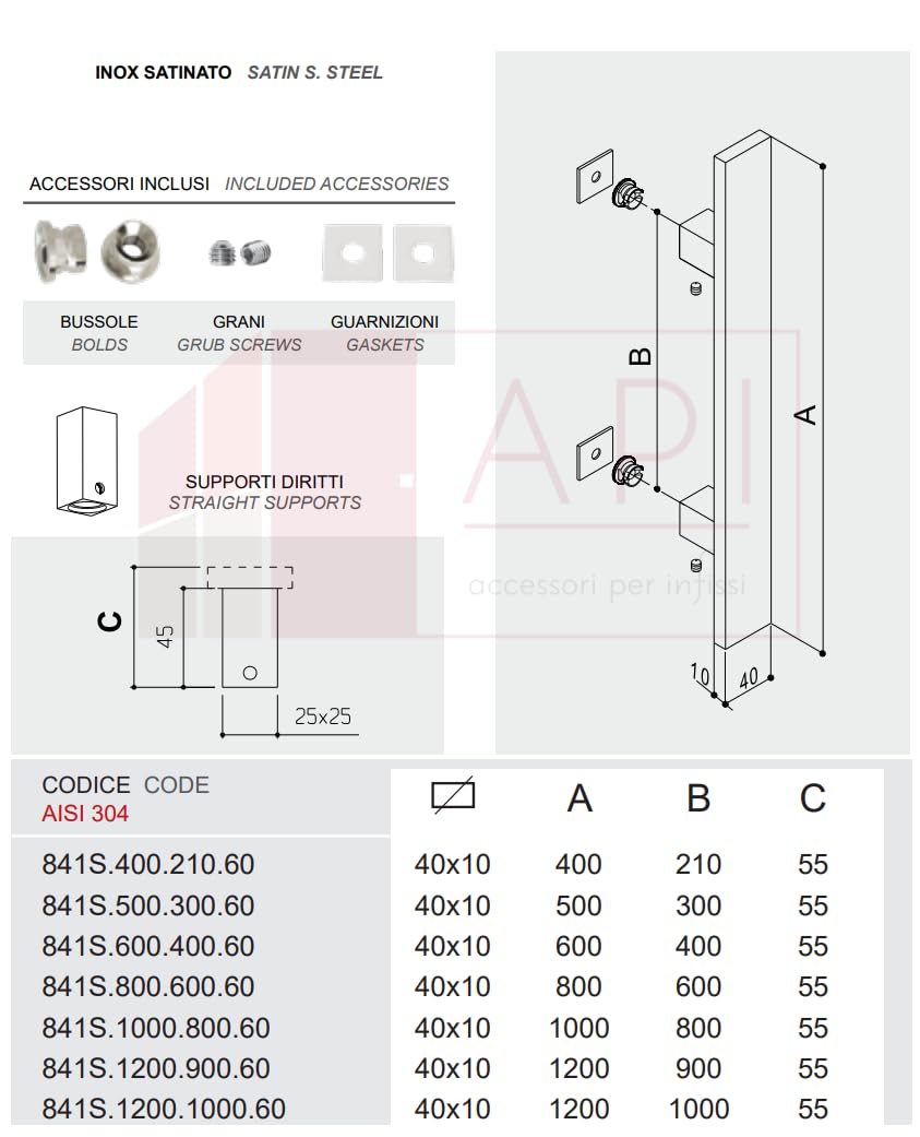 Maniglione diritto in acciaio inox satinato per porte serramenti COLORADO (Lunghezza 800 mm - Interasse 600 mm)