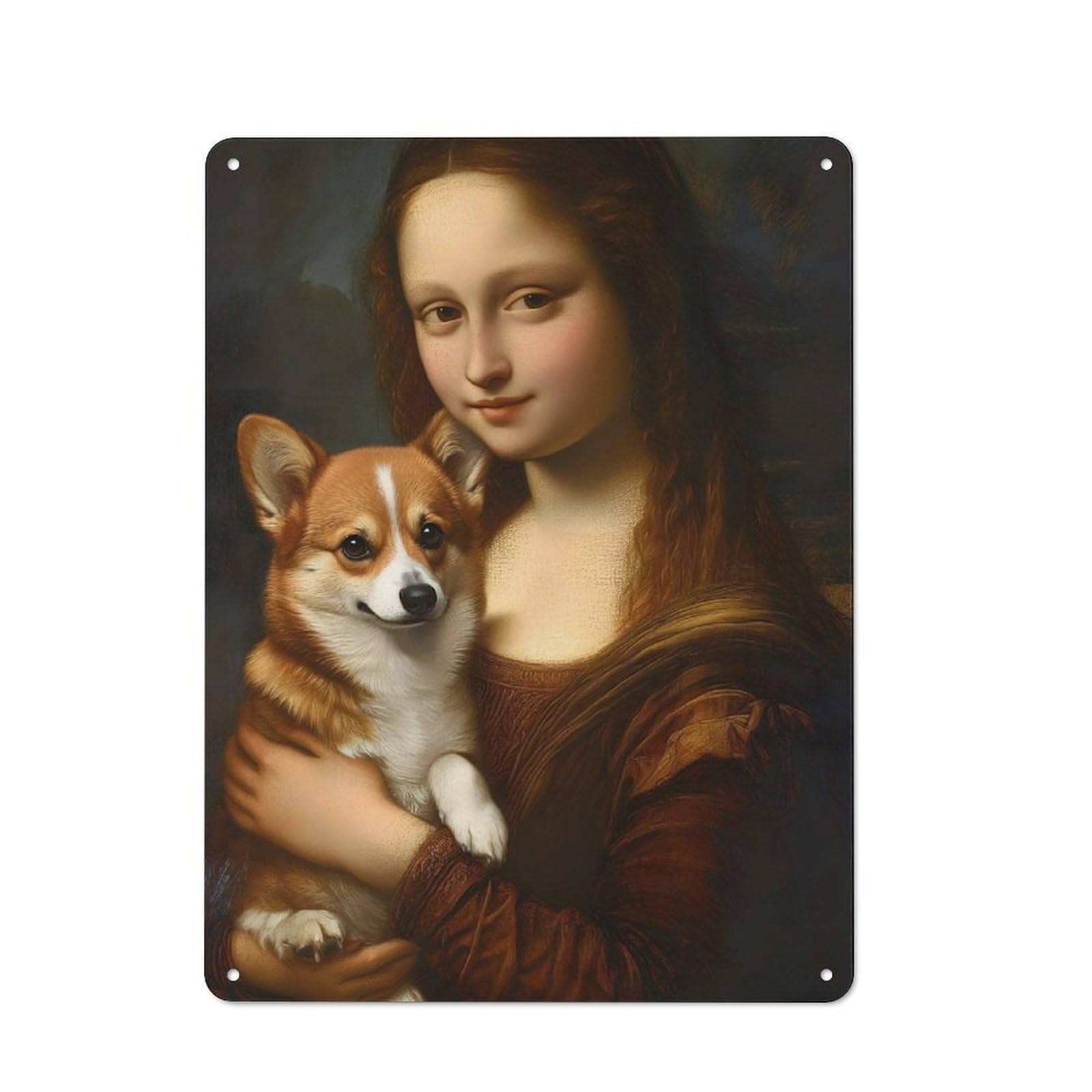 Junmoney Mona Lisa With Corgi Metal Wall Art Sign With Design 40X30cm, Vintage Vintage Wall Decor For Living Room, Hallway, Kitchen Or Cafe
