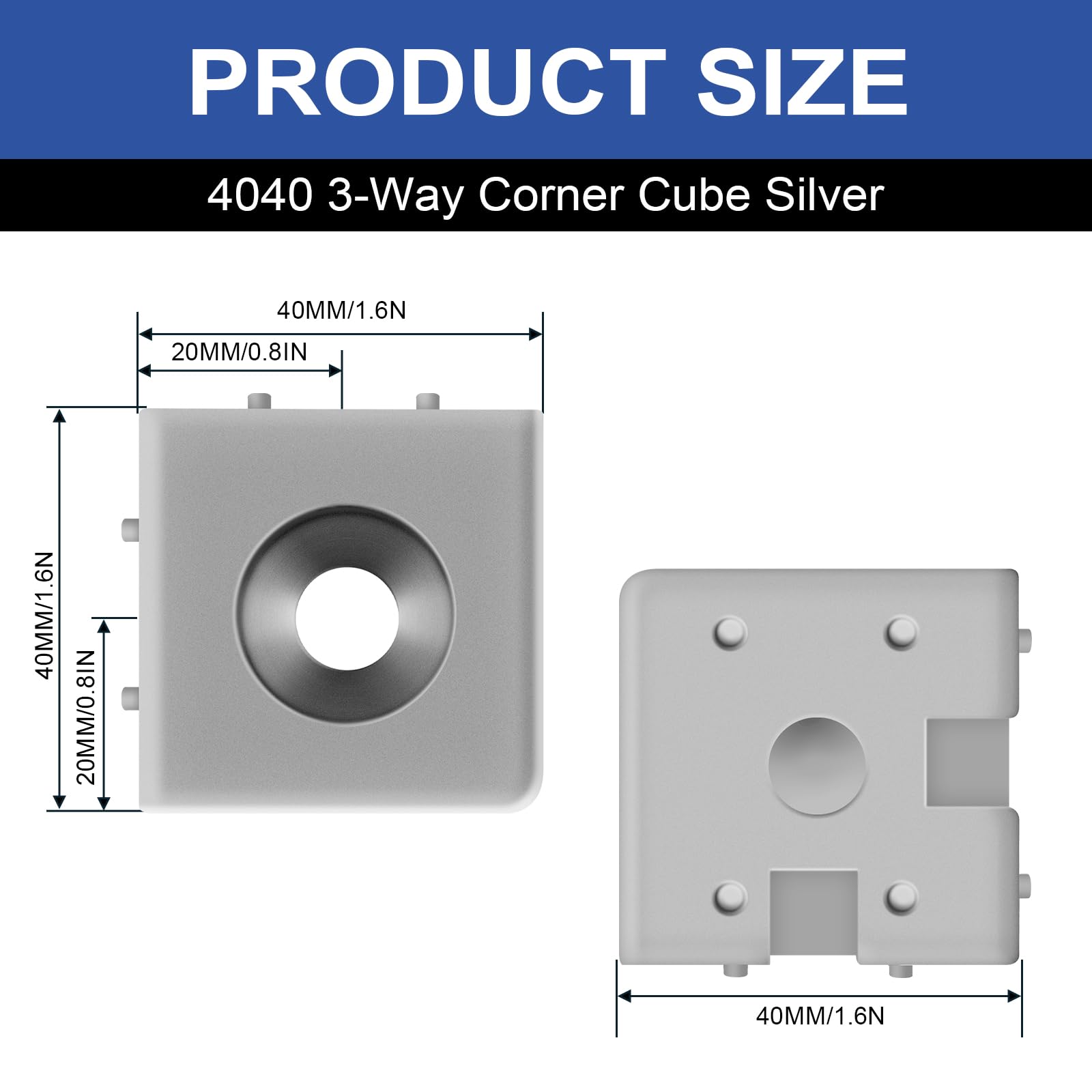 iMetrx 8 pcs 4040 3-Way Corner Cube 40x40 Extrusion Hardware T-Slot V-Slot Accessories with Screws and Nuts for 40x40 Aluminum Extrusion Connector 3D Printer Accessories Silver - Image 3