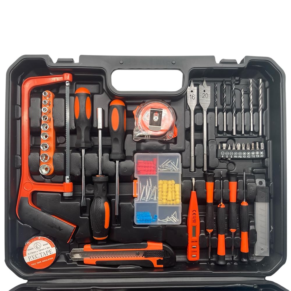 Kit Valigetta Attrezzi da 100 Pezzi con Trapano Avvitatore e Batterie da 88V con Martello Chiave Inglese Pinze e Seghetto