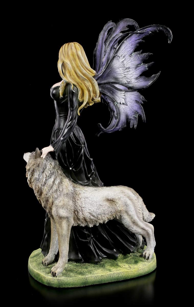 Figuren Shop GmbH Große Elfen Fantasy-Figur - Wolf Loveta | Gothic Feen-Figur, handbemalt, mit Flügel zum Stecken, H 58 cm