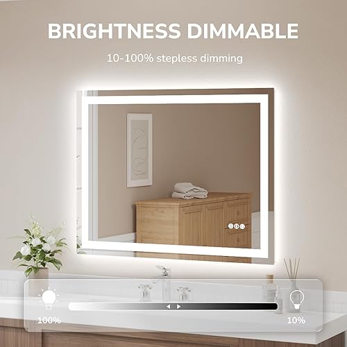 Miniatura 10 de USHOWER Espejo LED de 24 x 32 pulgadas para baño, espejo de baño LED frontal y retroiluminado con antiniebla, 3 colores regulables, función de