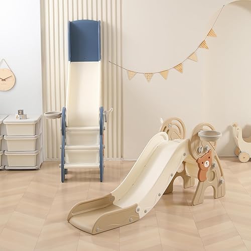 Miniatura 8 de Tobogán 4 en 1 para niños pequeños, toboganes independientes para niños, sandalias plegables de plástico para bebé con aro de baloncesto y pelota,