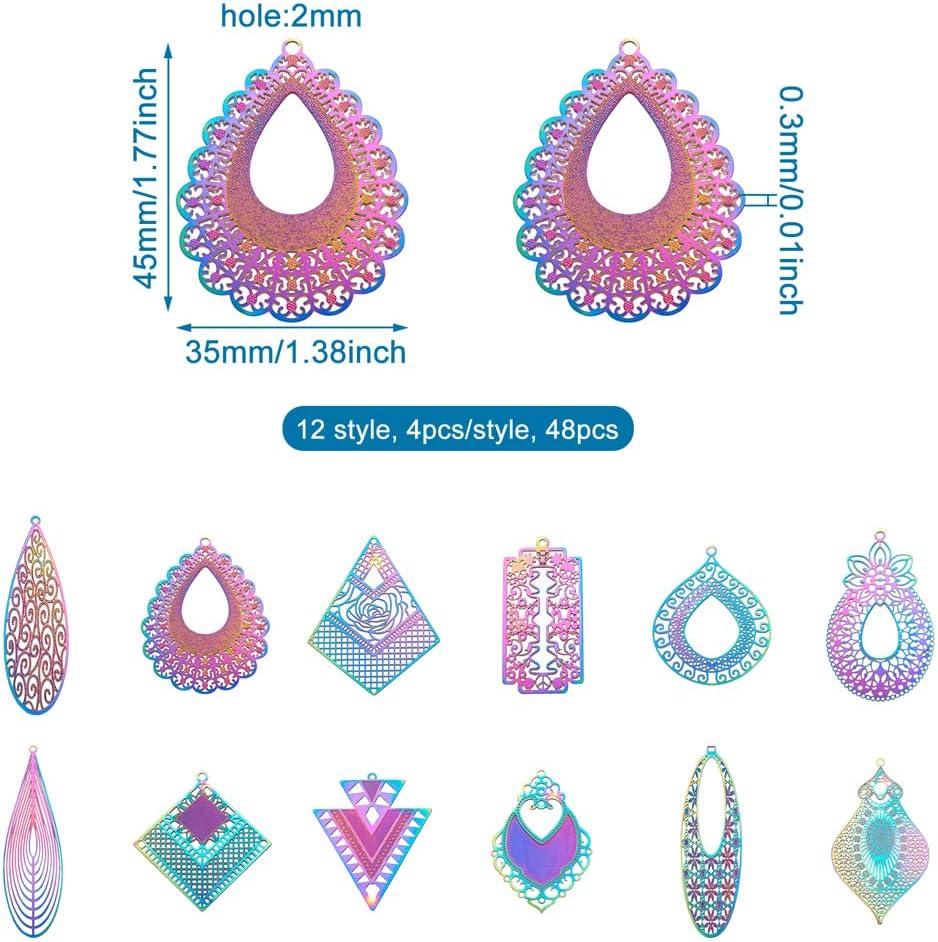 Pandahall 48pcs Stainless Steel Filigree Pendants Rainbow Teardrop Kite Rhombus Charms Etched Metal Embellishments Rectangle Sugar Skull Hollow Connector for Bracelet Necklace Earring Jewelry Making - Image 2