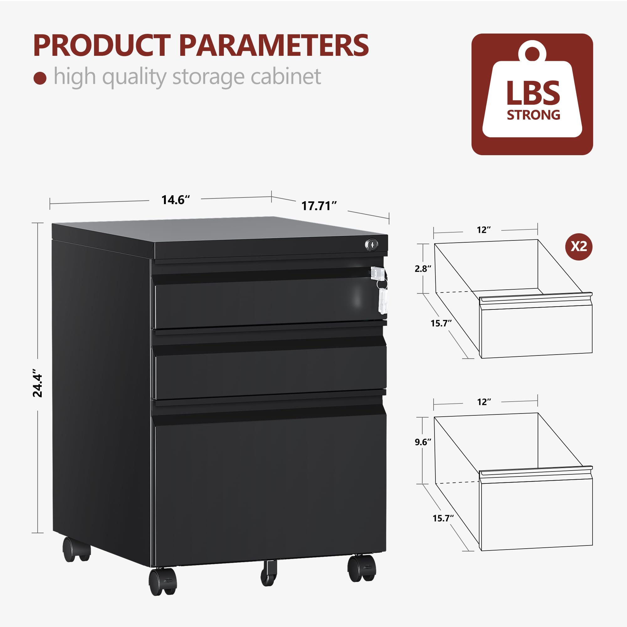 3 Drawer File Cabinet，Mobile Filing Cabinet with Lock and Wheels，Un-Assembled Metal Under Desk File Cabinets for A4/Letter/Legal Size（Black