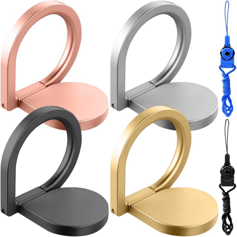 4Pcs Water-Drop Phone Ring Holder with 2 Hang Ropes, FineGood 360° Rotation Universal Finger Magnetic Stand Grip Car Mount Kickstand for Cell Phone Smartphone Tablet-4 Colors