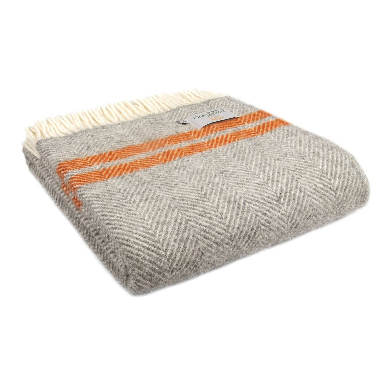 TWEEDMILL TEXTILES THROW 100% Wool Blanket FISHBONE GREY PUMPKIN ORANGE STRIPE