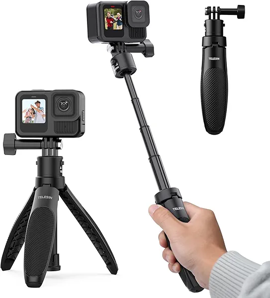 TELESIN 40cm/15.75'' Selfie Stick Tripod, Extendable Quick Release Portable Vlog Selfie Stick Handle Grip Monopod for GoPro 13 12 11 10 Max/Insta360 X5/AKASO/DJI Osmo Nano/Action 5 pro Accessories