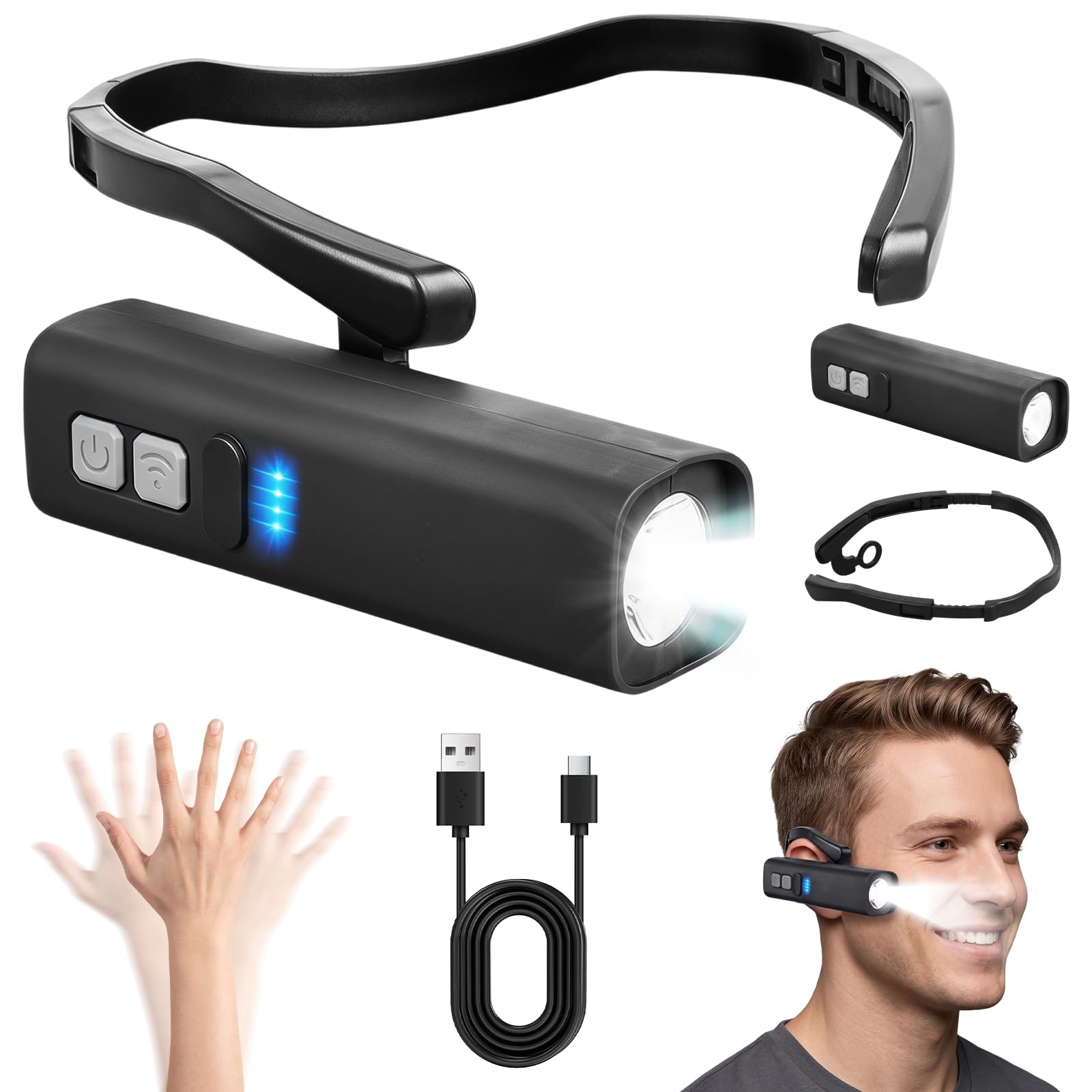 DVDVBOOM Headlamp Rechargeable, 2026 New Ear-Mounted LED Head Lamp Torch with Motion Sensor & 5 Modes in White and Red Light Headband Flashlight for Adults Camping Hiking Running Repairs, Adjustable