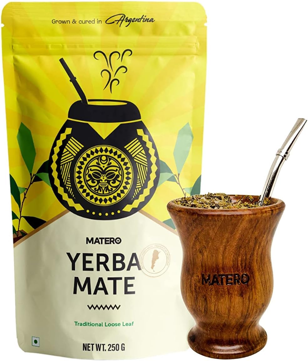 MATERO Yerba Mate Traditional Loose Leaf Tea Kit – 250g Pack, Includes Stainless Steel Bombilla & Natural Wooden Gourd – Grown & Cured in Argentina – Rich Antioxidants, Natural Energy Drink