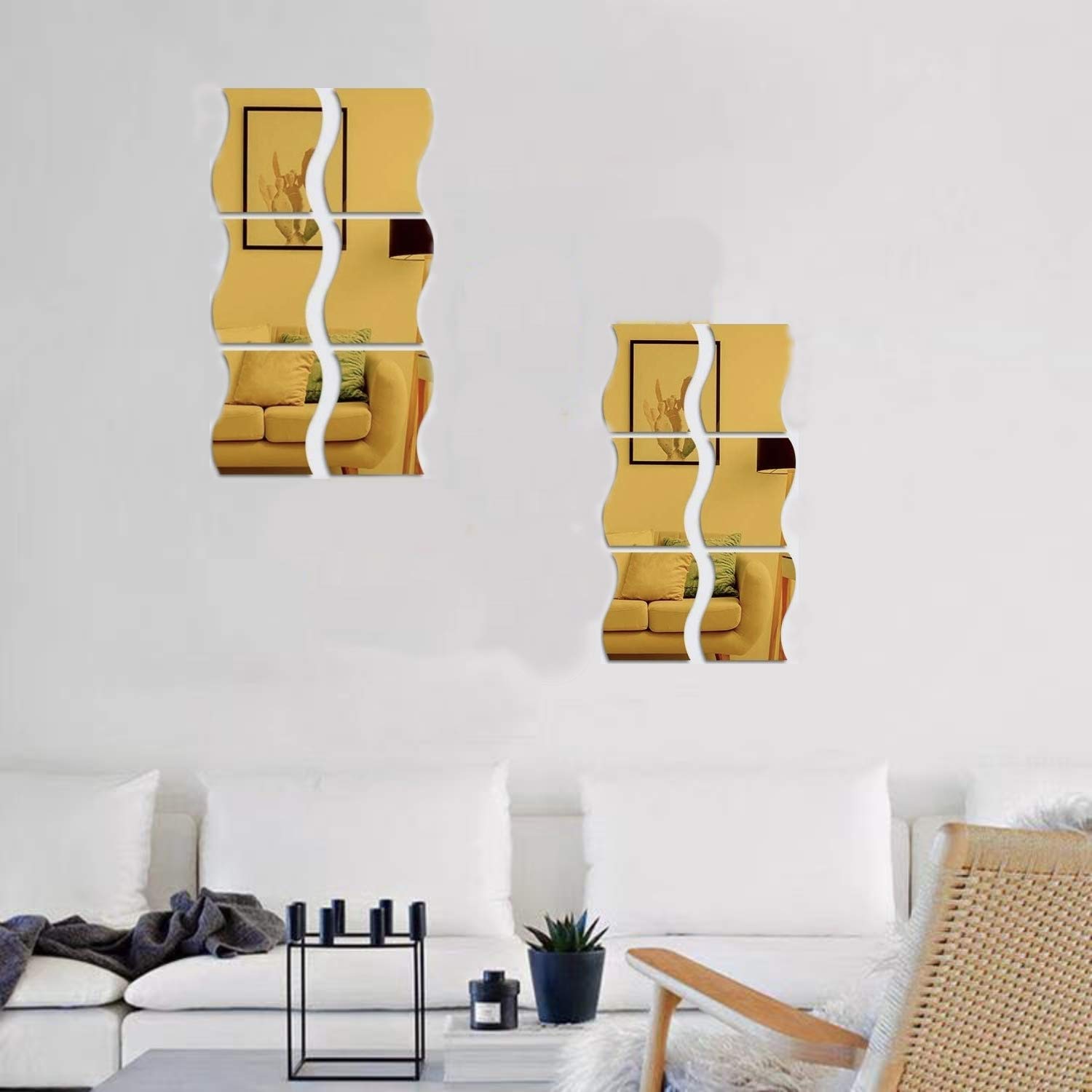 12PCS Wavy Mirror Wall Stickers, 3D Mirror Art DIY Home Decorative Acrylic Mirror Wall Sheet Plastic Mirror Tiles for Home Living Room Bedroom Sofa TV Setting Wall Decoration Decor Decal (Gold)