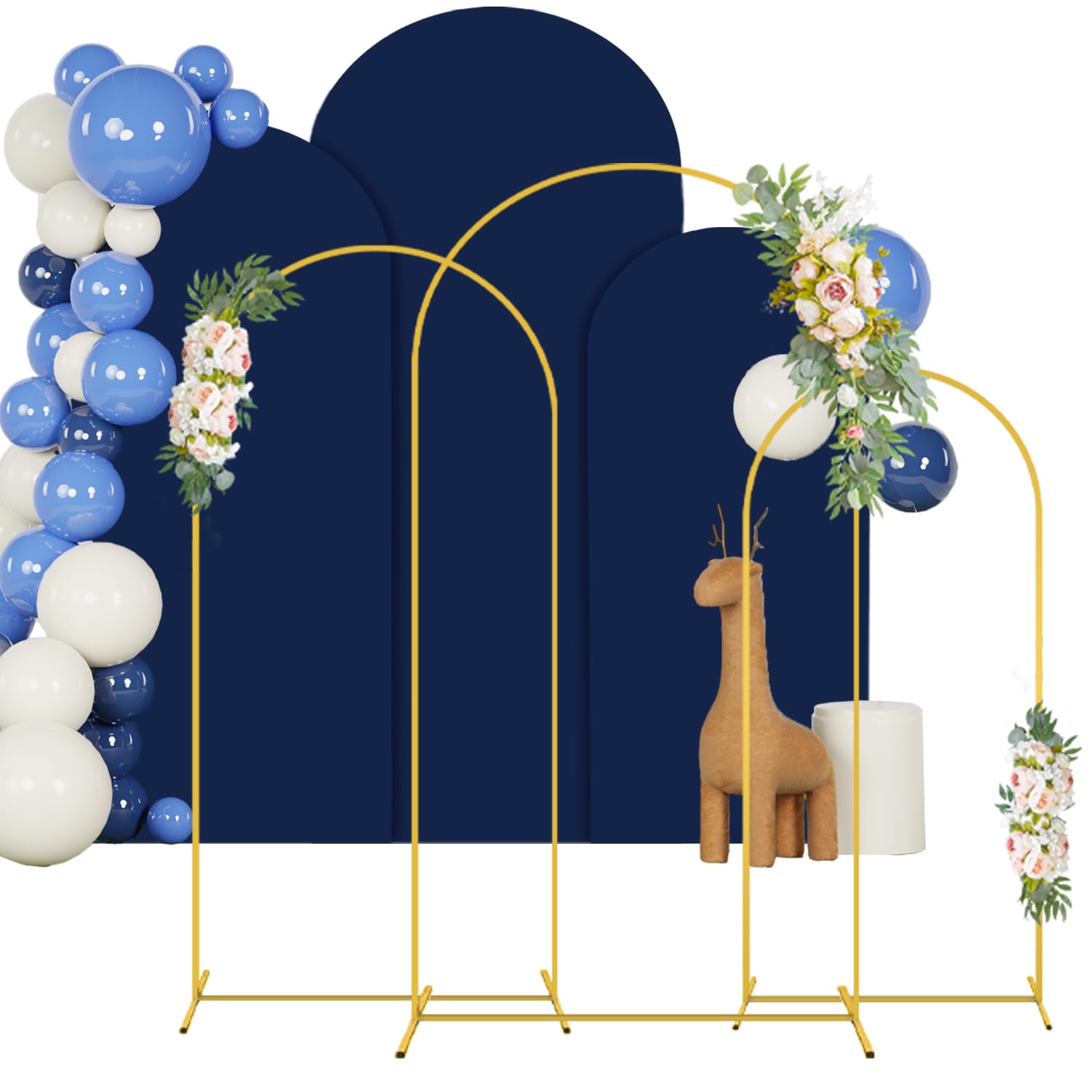 FANPROMS Wedding Arch Stand and Navy Blue Spandex Fitted Arch Backdrop Cover Set 4FT 5FT 6FTRound Top Chiara Backdrop Stands and Covers for Wedding