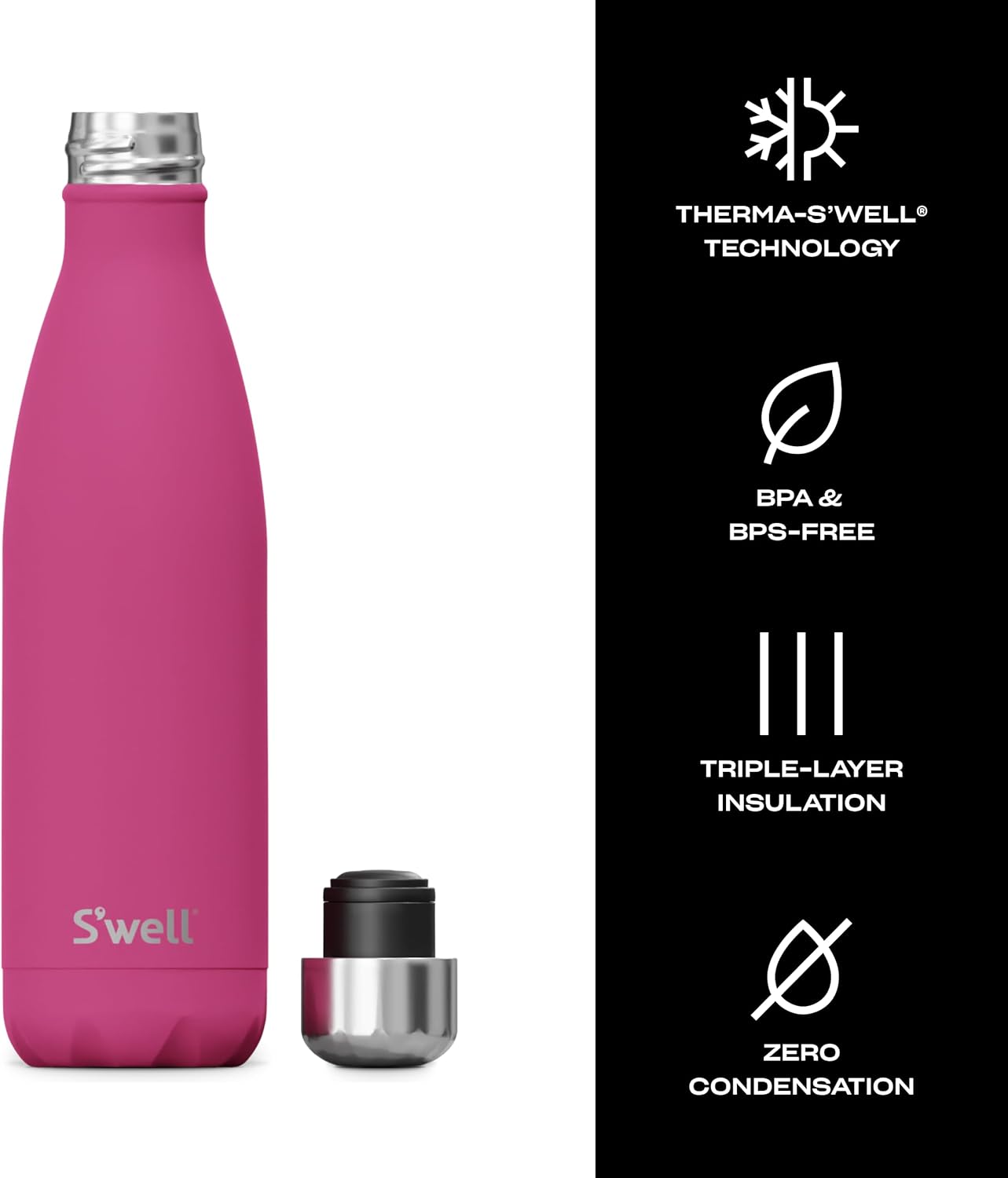 S'well Stainless Steel Water Bottle, 17oz, Azalea Pink, Triple Layered Vacuum Insulated Containers Keeps Drinks Cold for 36 Hours and Hot for 18, BPA Free, Perfect for On the Go - Image 3