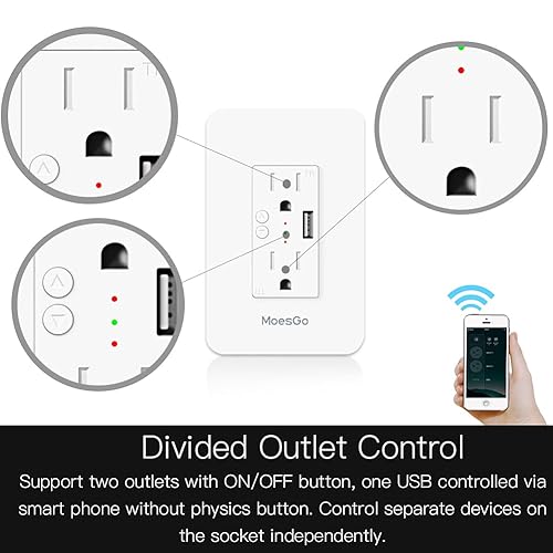 Miniatura 5 de MoesGo Toma de corriente inteligente de pared con USB, enchufe WiFi con 2 tomas de corriente, control dividido de 15 amperios, control remoto Smart