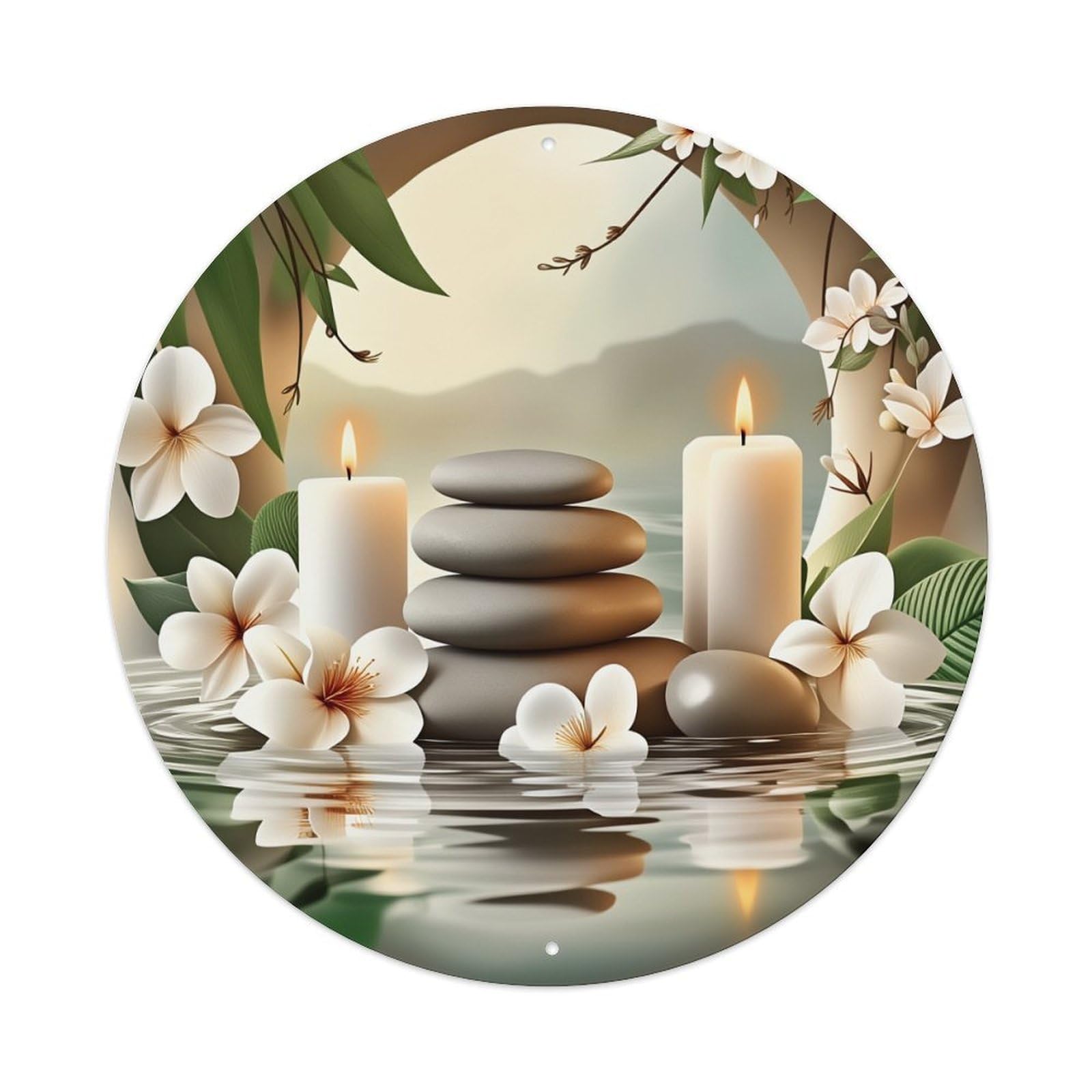 Calm Water Stones Candles Flowers Round Tin Sign Vintage Metal Sign Home Bar Garden Indoor & Outdoor Wall Decor Retro Metal Poster 8x8 Inch