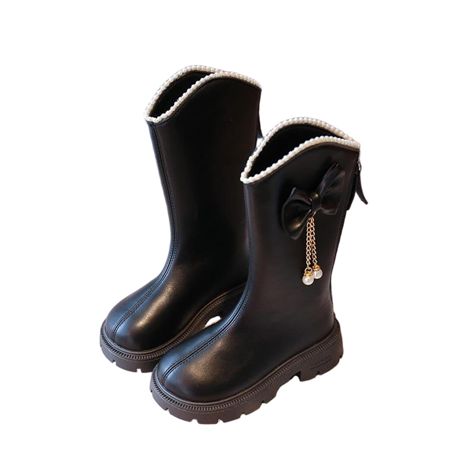 Girls Mid-Calf Boots Fashion Chunky Low Heel Back Zip Pearl Trim Riding Boots PU Leather Hiking Outdoor Combat