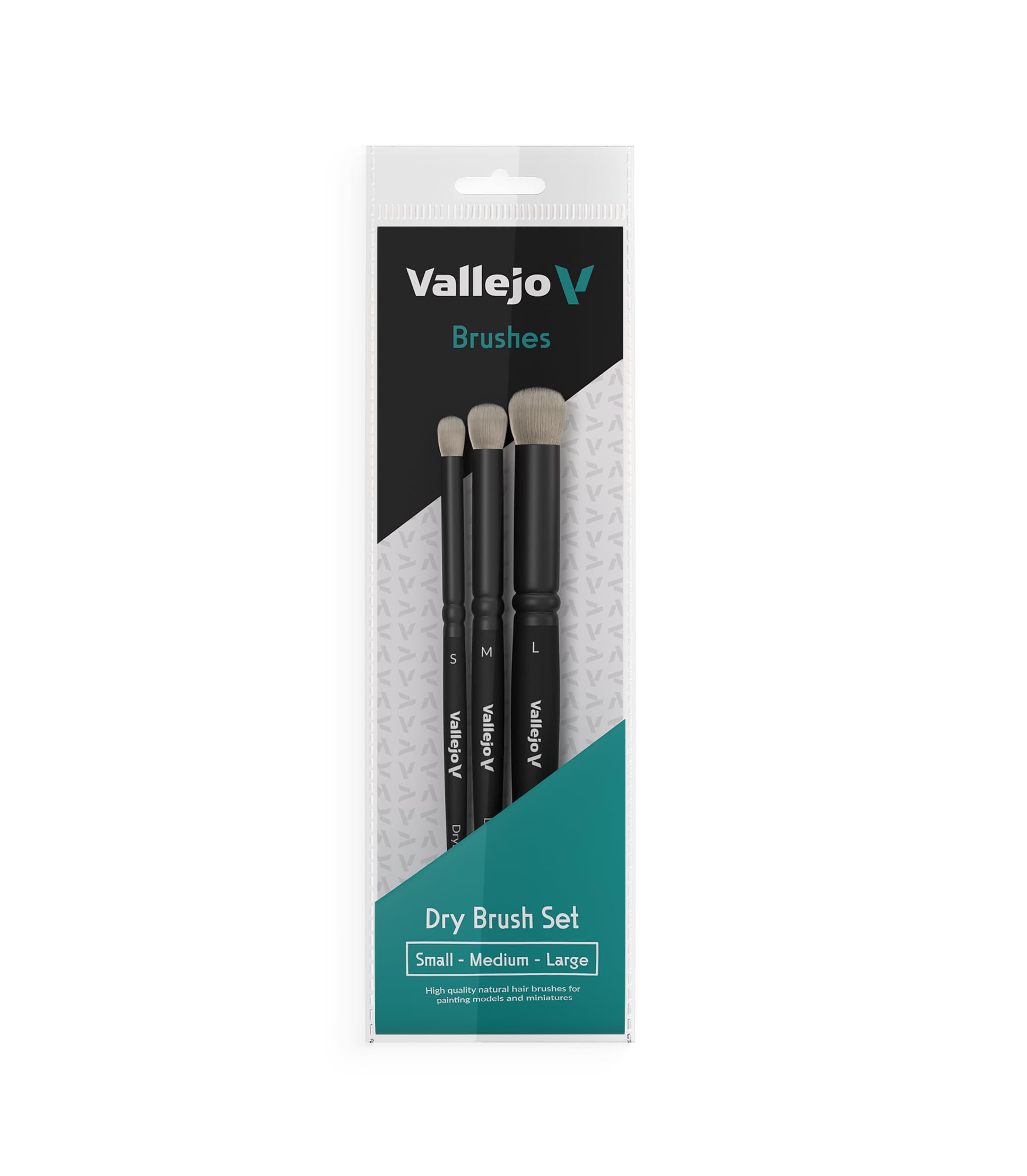 Vallejo - Dry Brush Set | Natural Hair Detailing Brushes | Set for Miniature Model Painting | Sizes Small, Medium, Large | Lightweight and Ergonomic Wooden Handles | Art Supplies