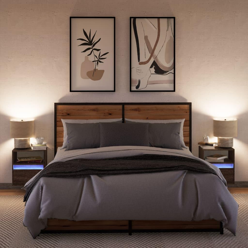 Comodini da parete con luci a LED, set da 2 pezzi, colore marrone quercia, consolle da notte sospese con cassetto per camera da letto mobili