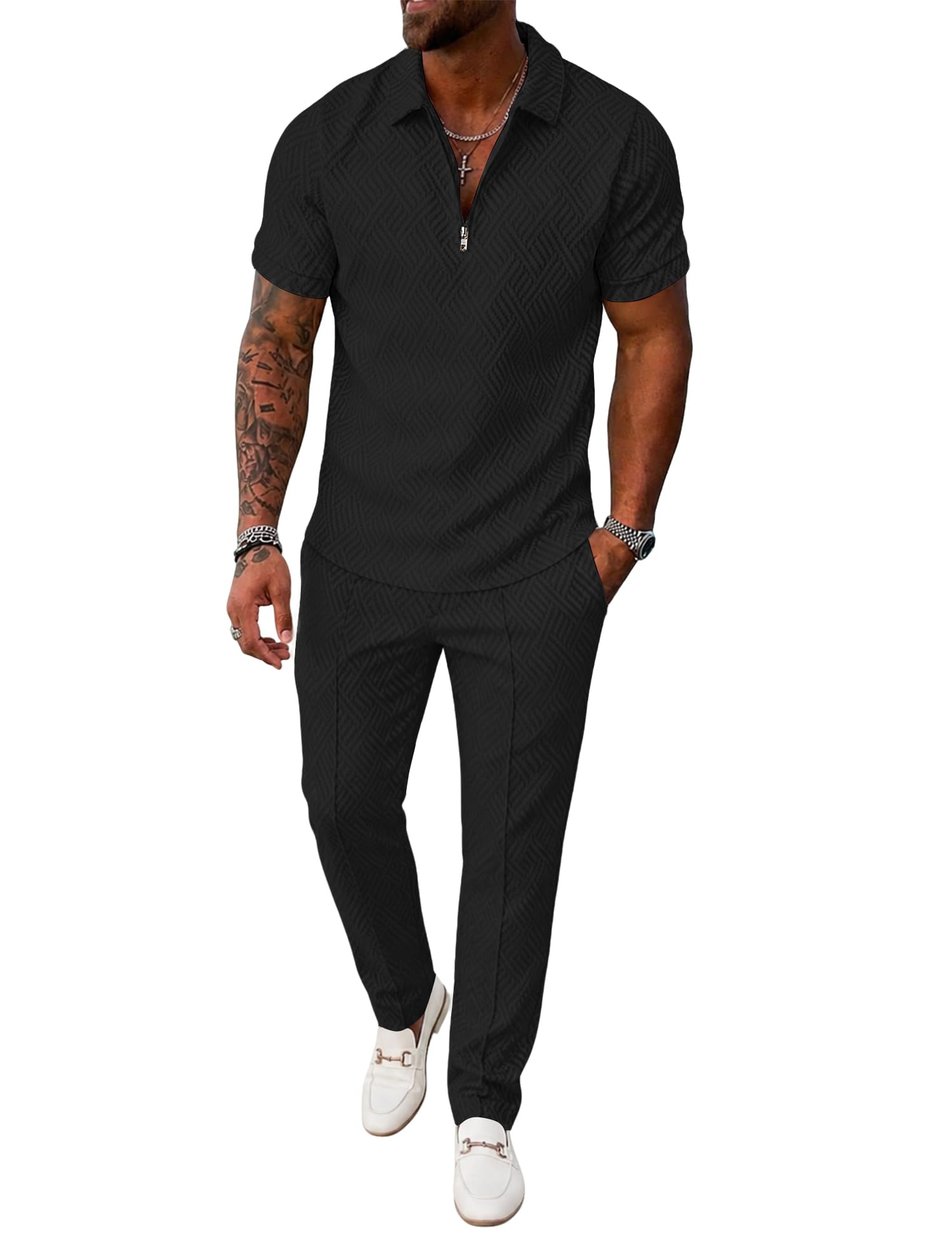 UOUA Mens 2 Piece Outfits 1/4 Zip Polo Casual Pants Summer Set Tracksuit