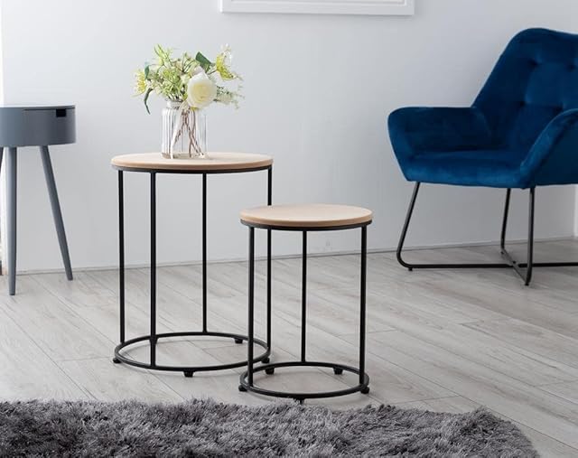 CruiseTech Set Of 2 Round Nesting Tables Natural Style Brown Living Room Coffee Side Tables Hallway Tables UK