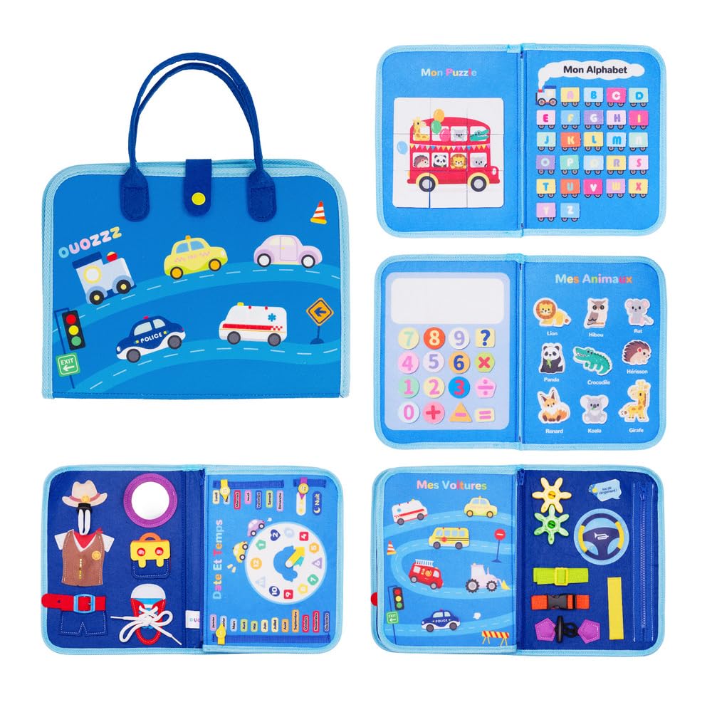 OUOZZZ Busy Board Montessori Voiture en Français – Jouet Éducatif 1 2 3 Ans – Apprentissage des Lettres, Chiffres et Compétences de Vie – Tableau d’Activité Bébé Voyage – Cadeau Fille Garçon