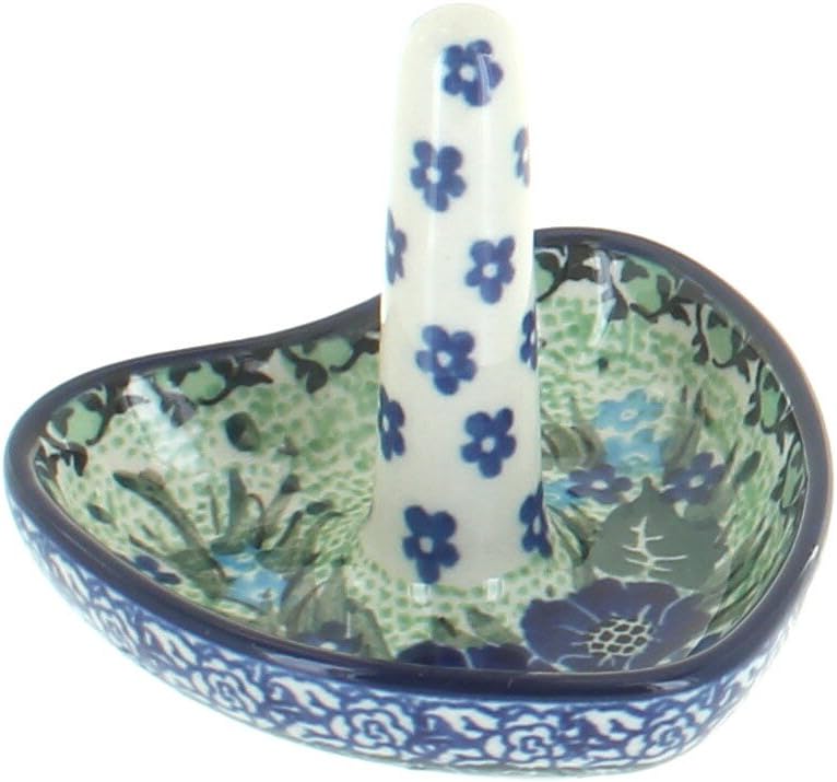 Blue Rose Polish Pottery - Green Maia Ring Holder - 2.75" x 3" - Ceramic Jewelry Dish for Rings