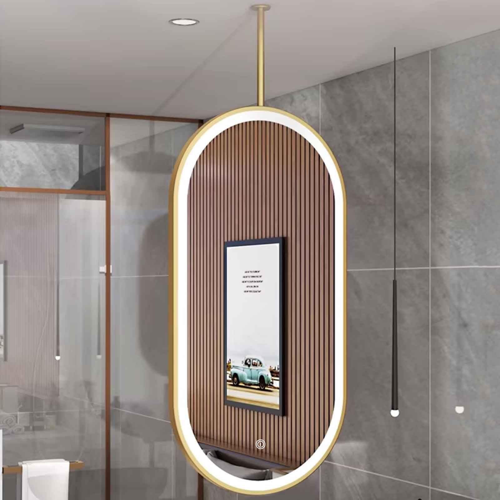 FGXHHS Adjustable Brightness Oval LED Mirror Gold Metal Customized Hanging Pole Ceiling Suspended Mirror, Corridor Bathroom Vanity Mirrors(40cmx70cm)
