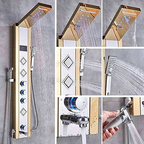 Panel de ducha hidroeléctrico azul y negro, columna de ducha con LED, lluvia y cascada, pantalla LCD digital y spray bidet para baño - dorado miniatura 1