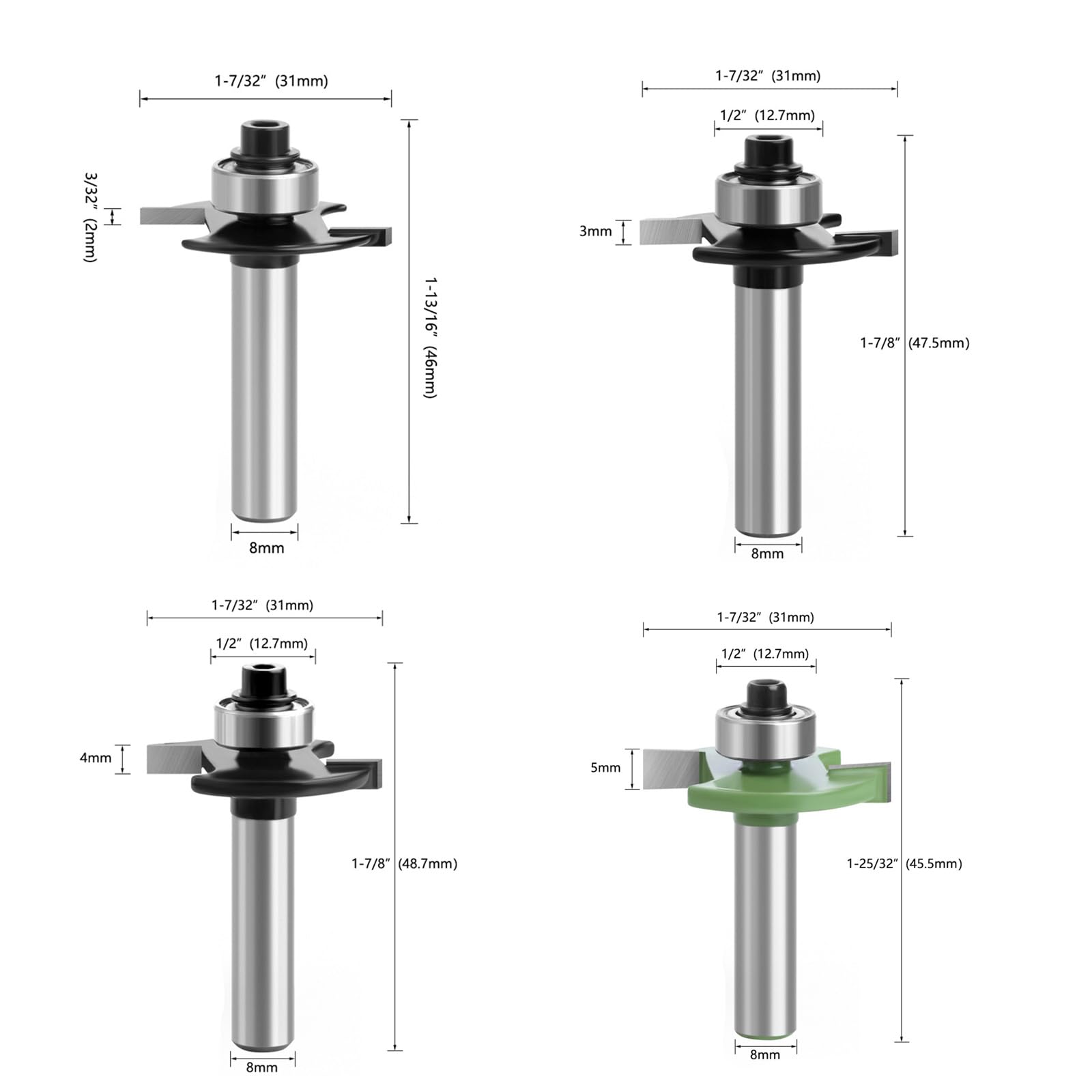 Kit de fraises à rainurer pour défonceuse, fraise à disque pour défonceuse, fraise à affleurer pour le travail du bois, 8 mm Shank 4 pièces 2 mm, 3 mm, 4 mm, 5 mm