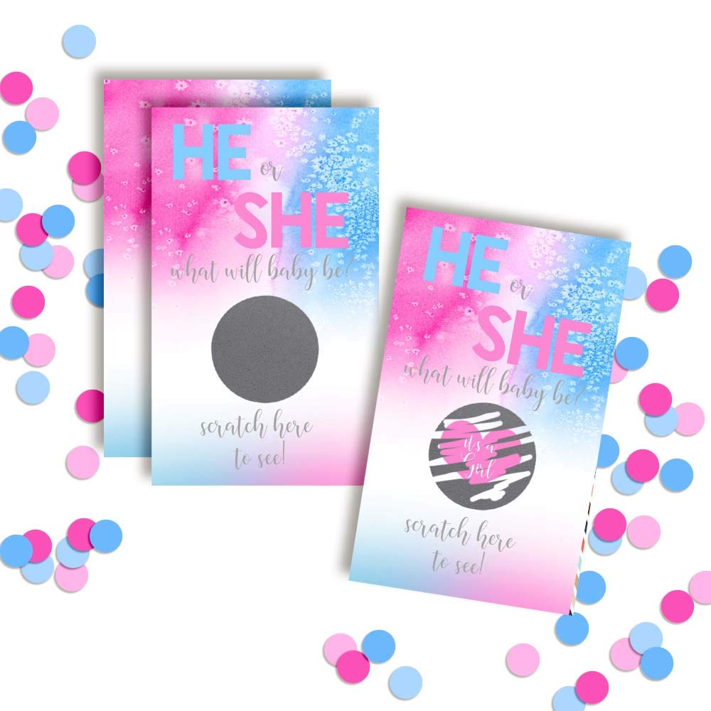 IT'S A GIRL! Pink & Blue Watercolor Themed Gender Reveal Scratch Off Game Cards for Baby Showers, 20 2