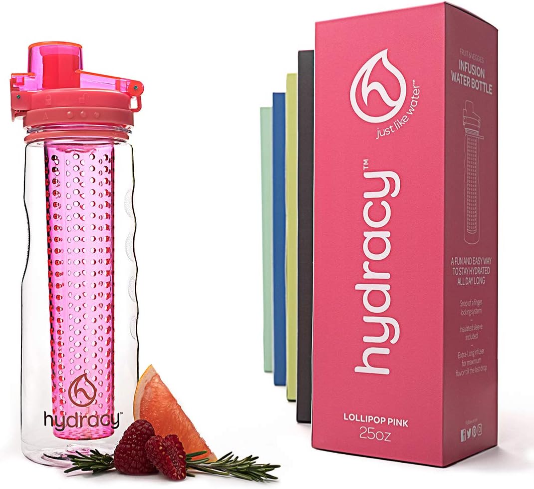 Hydracy Fruit Infuser Water Bottle - 25 Oz Sports Bottle with Full Length Infusion Rod and Insulating Sleeve Combo Set + 27 Fruit Infused Water Recipes eBook Gift - Lollipop Pink