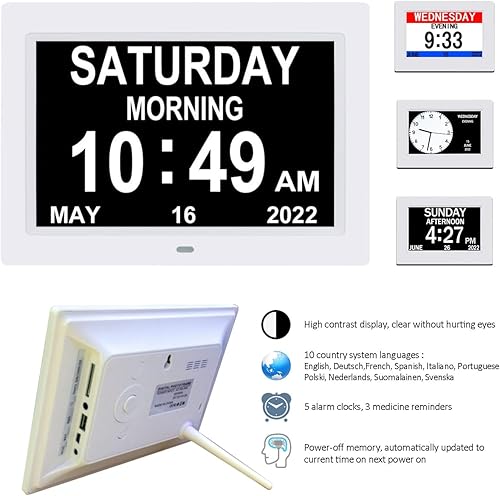 Miniatura 2 de Reloj digital blanco de 9 pulgadas con 3 pantallas, regulable automático, hora de 1224 horas, fecha, semana, mes, año, 12 alarmas, 3 recordatorios,