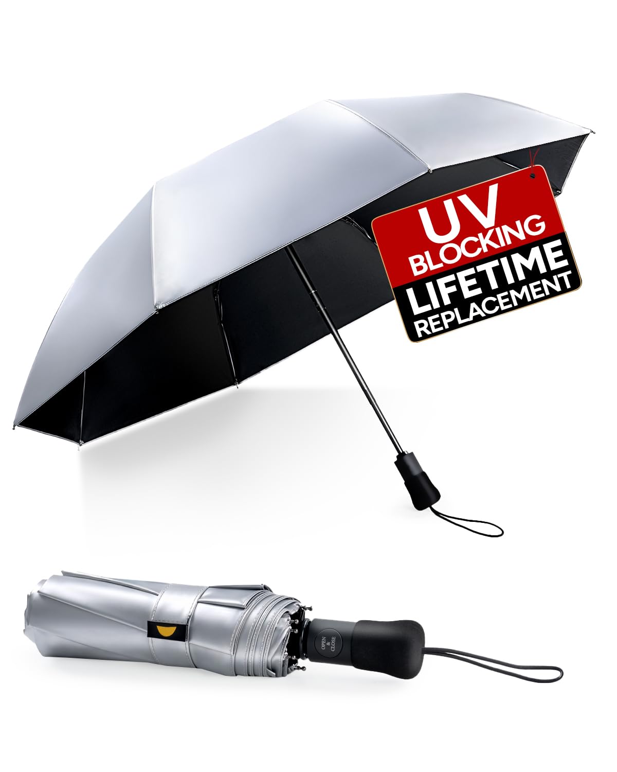 Ombrello Parasole Anti UV UPF 50+, 106/116cm Argento Ombrello Pieghevole Antivento Compatto, Leggero Sotto 390g con Apertura Chiusura Automatica, Ombrello da Viaggio Portatile