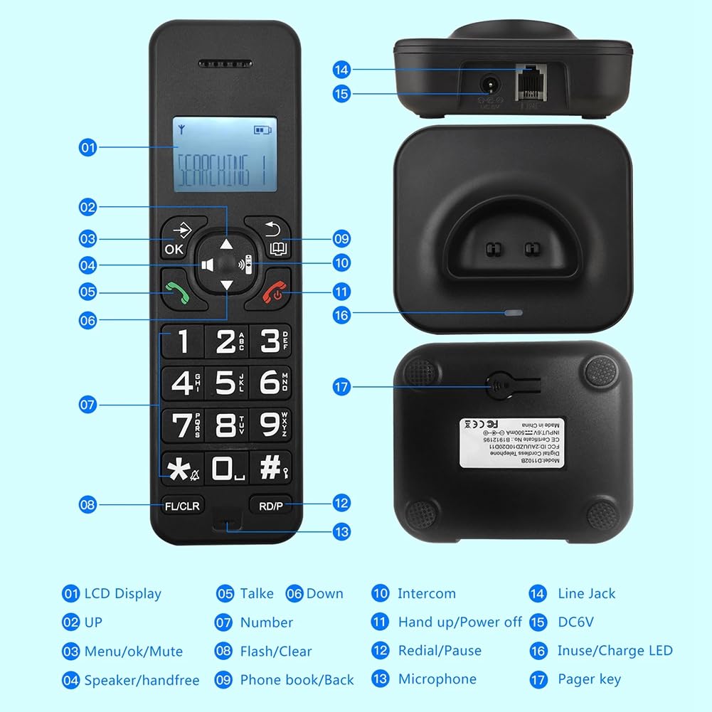 D1102B Telefono Cordless con Segreteria Telefonica ID Chiamante/Chiamata in Attesa Schermo LCD Retroilluminato da 1,6 Pollici A 3 Righe Nero Spina UE
