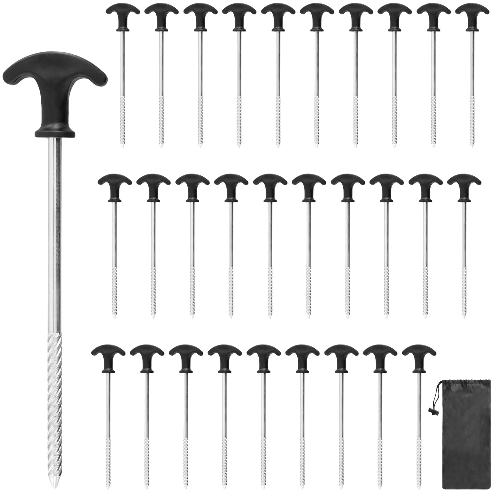 KOHAND 30 Pack Heavy Duty Tent Pegs, 21 CM Spiral Thread Ground Tent Peg Heavy Duty Tent Pegs With a T-handle for Camping Tents Gazebos Awnings