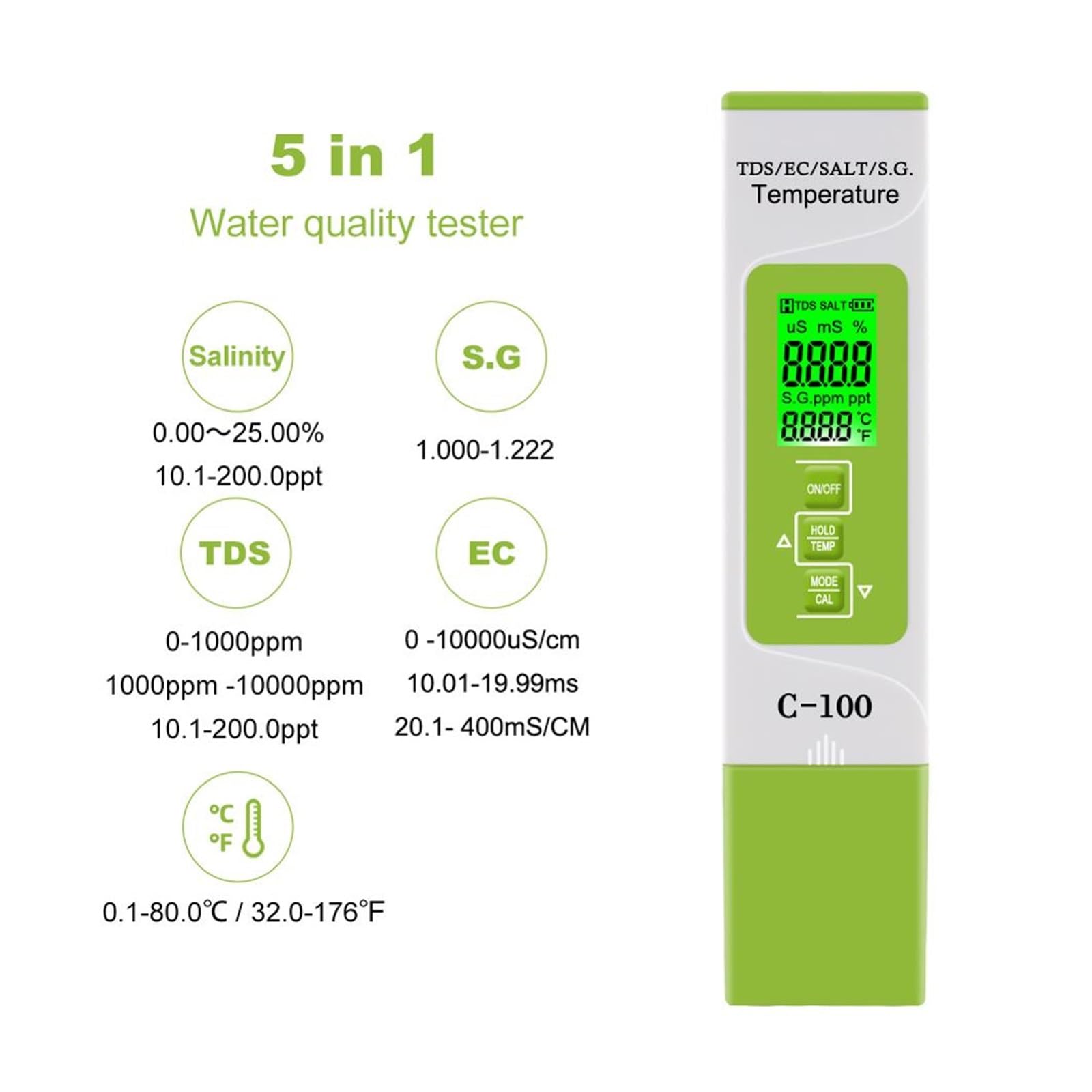 Tester per Acqua, 5 in 1 TDS/EC/Salinità/SG/Temperatura del Sale Misuratore Digitale di qualità Acqua di Mare for Piscine Acqua Potabile Acquario per Rubinetto, Acquario(No Backlight)