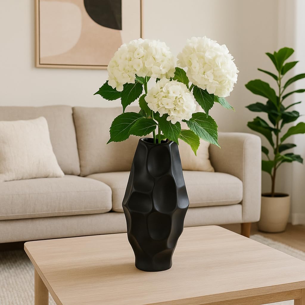 Ceramic Vase for Table Decor - Modern Bold Flower Vase for Living Room, Home, Bedroom, and House Decor – Beautiful Accent for Room and Office Accent Display – 17”, Black