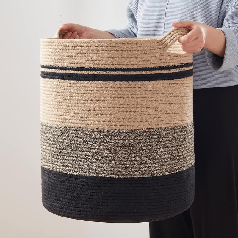 Image of Storage Rope Laundry Hamper Basket for Clothes, Towels and Blankets in Livingroom, Bedroom, Laundry Room and Basket for Nursery Storage (Size - 15 inch x 15 inch x 18 inch) (Beige Black Stripe)