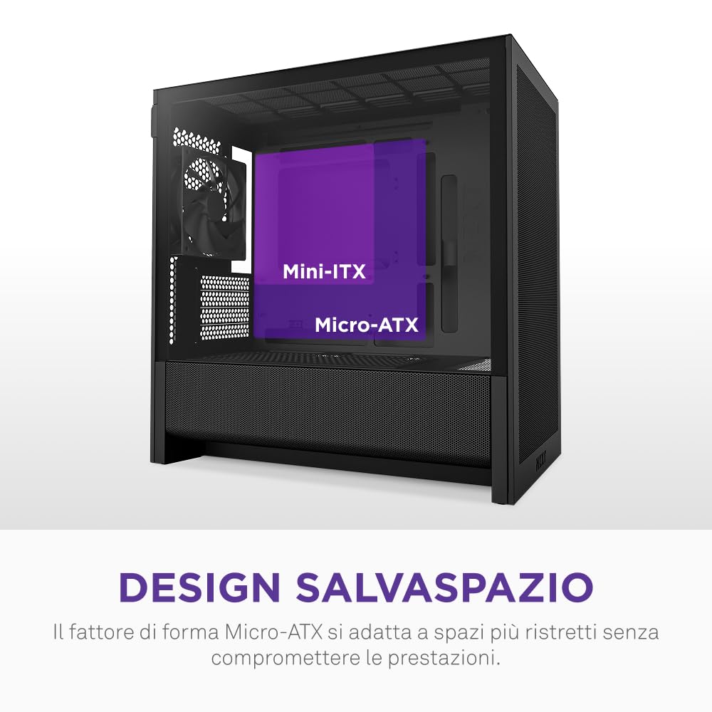 NZXT H3 Flow – Case PC Gaming Micro-ATX – Flusso d'aria ottimizzato – 1 ventola 120mm inclusa – GPU full-size – Radiatore 280mm frontale, 240mm superiore – Scheda madre con conn. posteriore – Nero