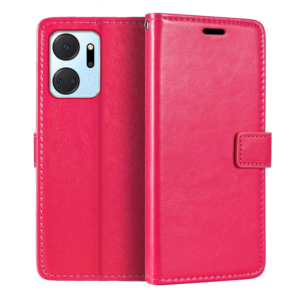 Leather Case Compatible with Huawei Honor X7a 5G, Business Design Magnetic Flip Cover with 3 Card Slots, Photo Frame, and Hidden Wallet(Rose Red)